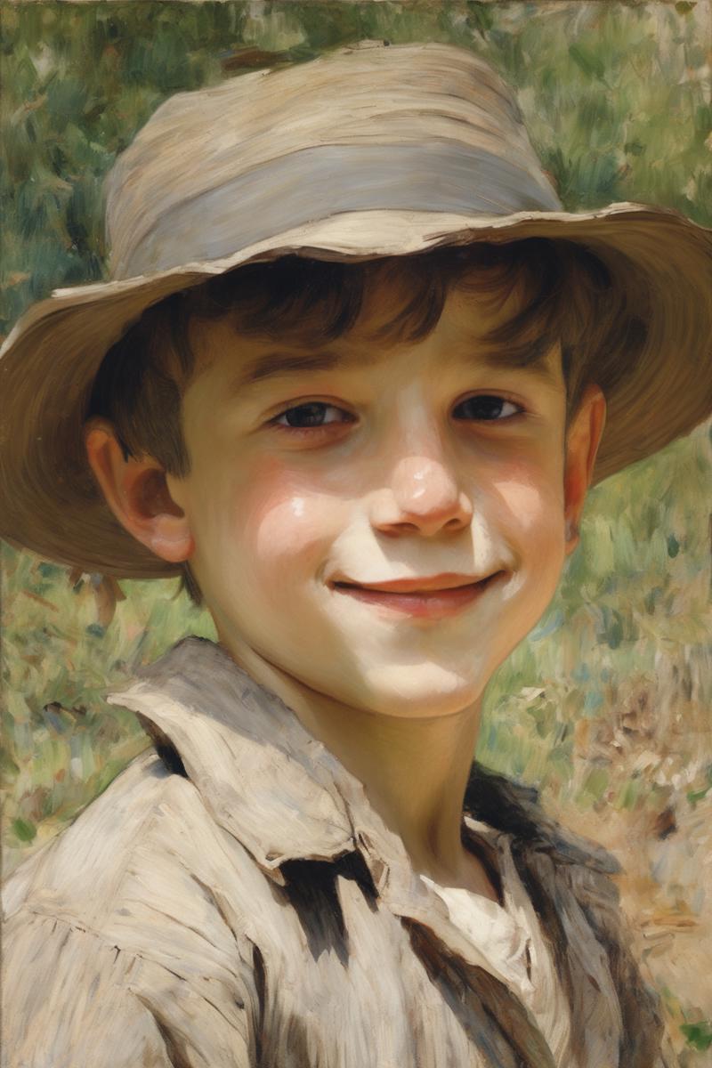 00593-3296355600-Jules Bastien-Lepage Style - Close-up of a young boy’s face showing a gentle smile wearing a wide-brimmed hat. Style Monet.png